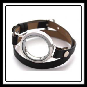 30mm Circle Charms Locket Bracelet/Black Thin Leather Strap