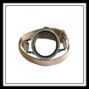 20mm Circle Charms (Silver) Locket/Crystals Bracelet /Rose Quartz Thin Leather Strap