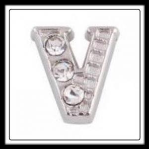 "V" Letter w/Half Crystals Charm