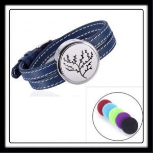 ​30mm Tree (Silver) Aromatherapy Locket/Blue Leather Strap & White Threading